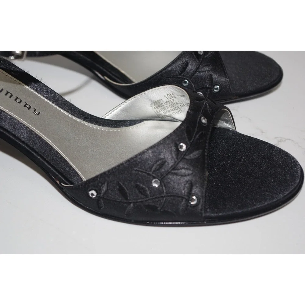 Chinese Laundry Jezebel Black Satin Kitten Heel Sandals Rhinestone Floral 9M